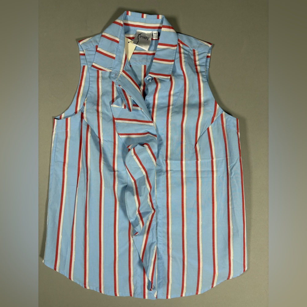 Finley Amber Sparkle Gold Stripe Top Sleeveless Button Up Ruffle Blouse XS NWT